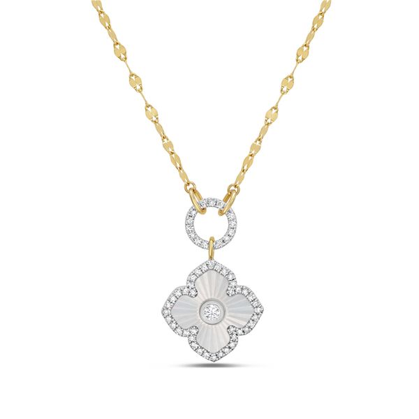 14K Yellow Gold Diamond and Mother of Pearl Clover Necklace Gray's Jewelers Bespoke Saint James, NY