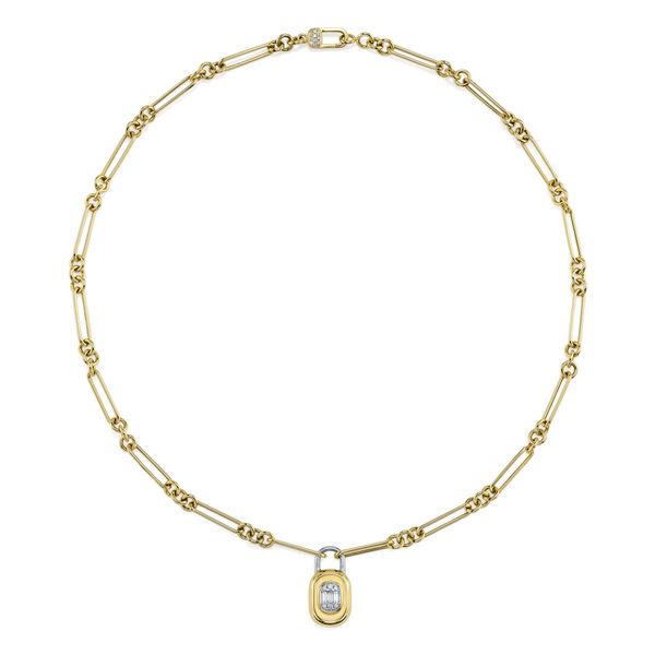 14K Two Tone Gold Diamond Baguette Matte Lock Necklace Gray's Jewelers Bespoke Saint James, NY