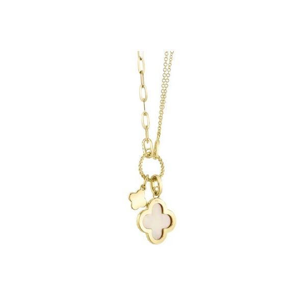 14K Yellow Gold Diamond and Mother of Pearl Clover Paper Clip Link Necklace Image 2 Gray's Jewelers Bespoke Saint James, NY