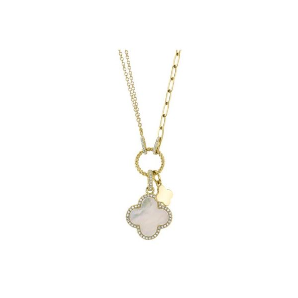 14K Yellow Gold Diamond and Mother of Pearl Clover Paper Clip Link Necklace Gray's Jewelers Bespoke Saint James, NY