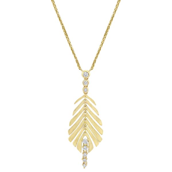 14K Yellow Gold Diamond Bezel Feather Matte Chopin Chain Necklace Gray's Jewelers Bespoke Saint James, NY