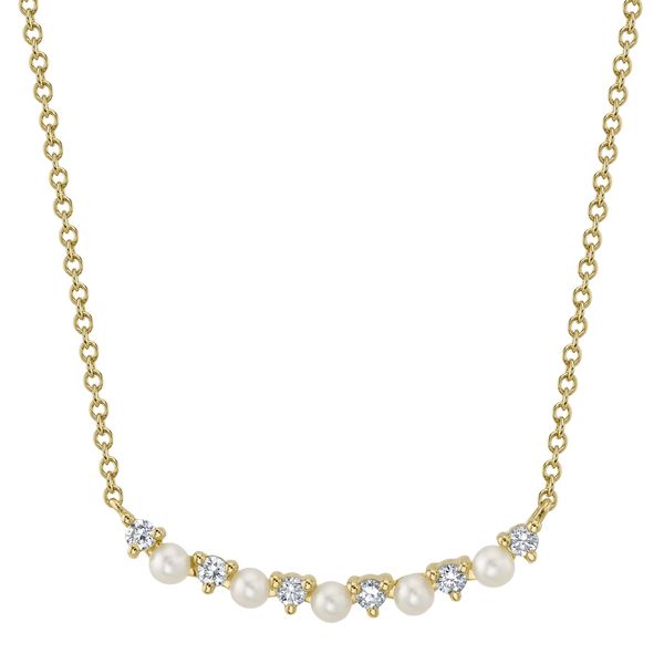 14K Yellow Gold Diamond and Cultured Pearl Bar Necklace Gray's Jewelers Bespoke Saint James, NY