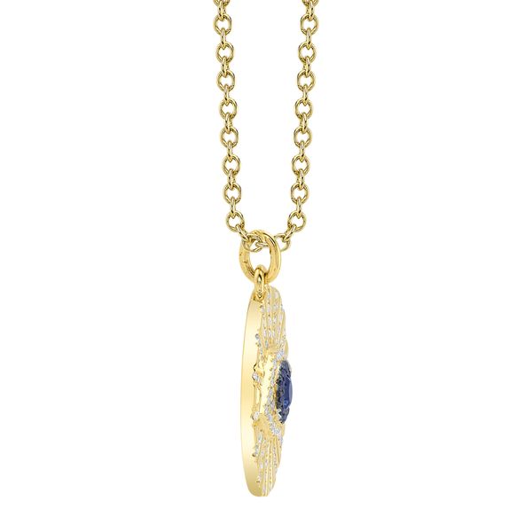 14K Yellow Gold Black and White Diamond and Blue Sapphire Eye Necklace Image 2 Gray's Jewelers Bespoke Saint James, NY