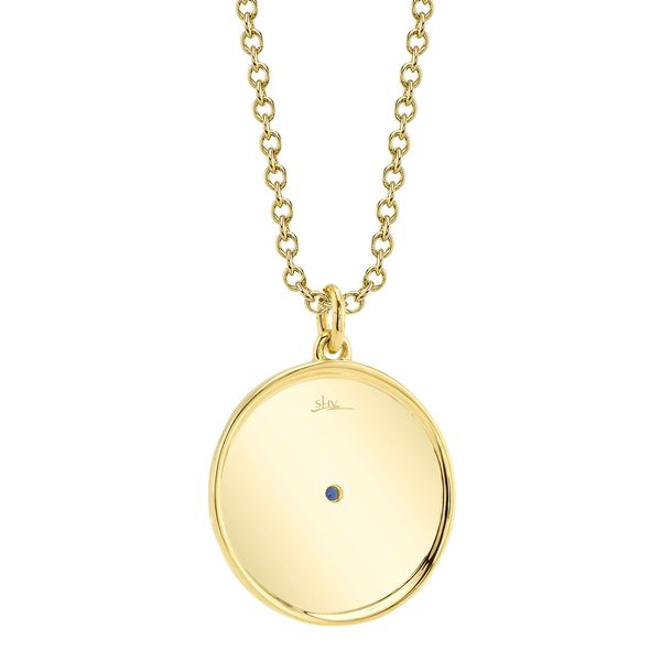 14K Yellow Gold Black and White Diamond and Blue Sapphire Eye Necklace Image 3 Gray's Jewelers Bespoke Saint James, NY