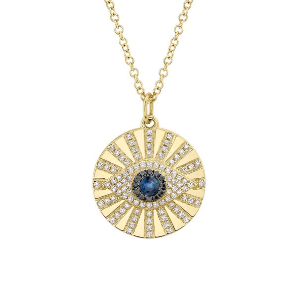 14K Yellow Gold Black and White Diamond and Blue Sapphire Eye Necklace Gray's Jewelers Bespoke Saint James, NY