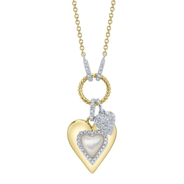 14K Yellow and White Gold Diamond and Mother of Pearl Pave Heart Necklace Gray's Jewelers Bespoke Saint James, NY