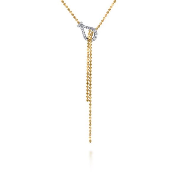 14K White & Yellow Gold Bujukan and Diamond Stirrup Y Necklace Gray's Jewelers Bespoke Saint James, NY