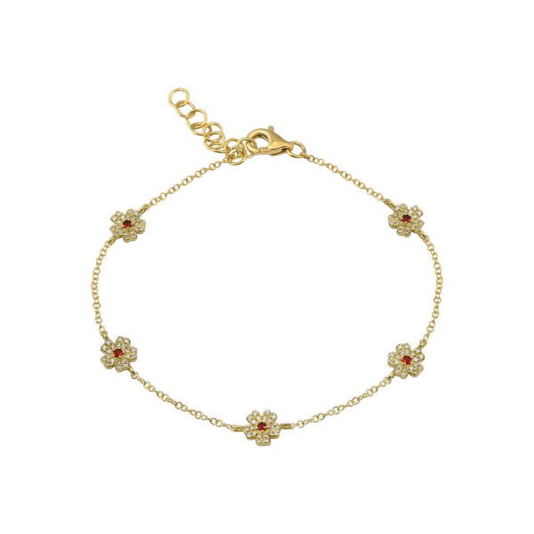 14k Yellow Gold Ruby & Diamond Flower Bracelet Gray's Jewelers Bespoke Saint James, NY