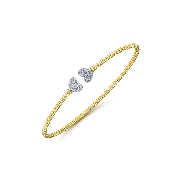 14K Yellow Gold Bujukan Split Cuff Bracelet with White Gold Pavé Diamond Hearts Image 2 Gray's Jewelers Bespoke Saint James, NY