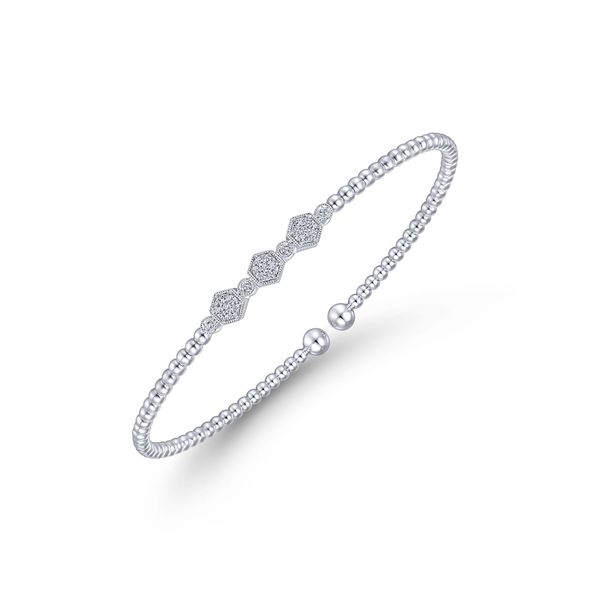 14K White Gold Bujukan Bead Cuff Bracelet with Cluster Diamond Hexagon Stations Image 2 Gray's Jewelers Bespoke Saint James, NY