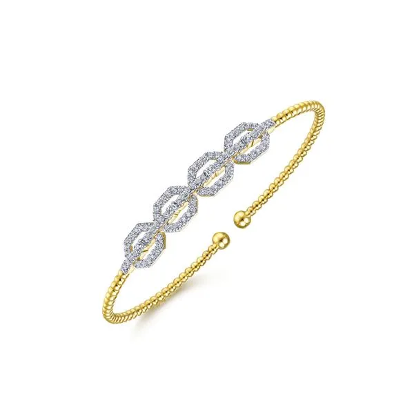 14K Yellow Gold Bujukan Bead Cuff Bracelet with Diamond Pavé Links Image 2 Gray's Jewelers Bespoke Saint James, NY
