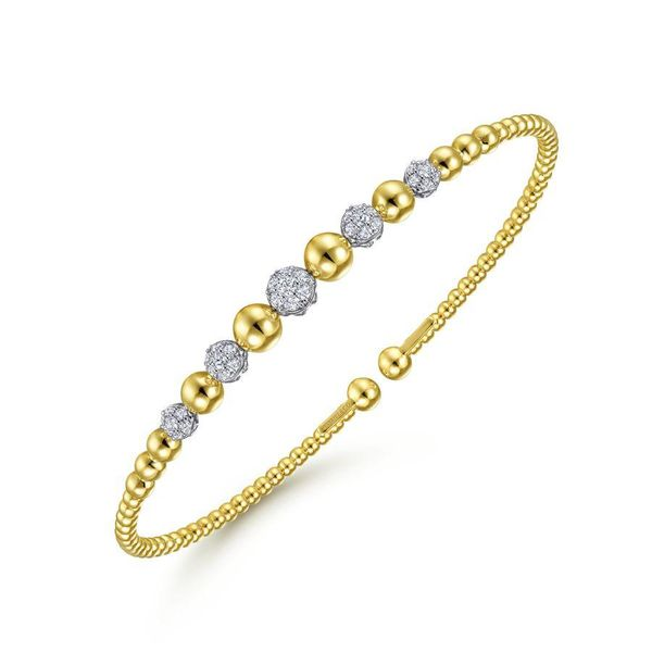 14K Yellow-White Gold Bujukan Bead Cuff Bracelet with Pavé Diamond Stations Image 2 Gray's Jewelers Bespoke Saint James, NY