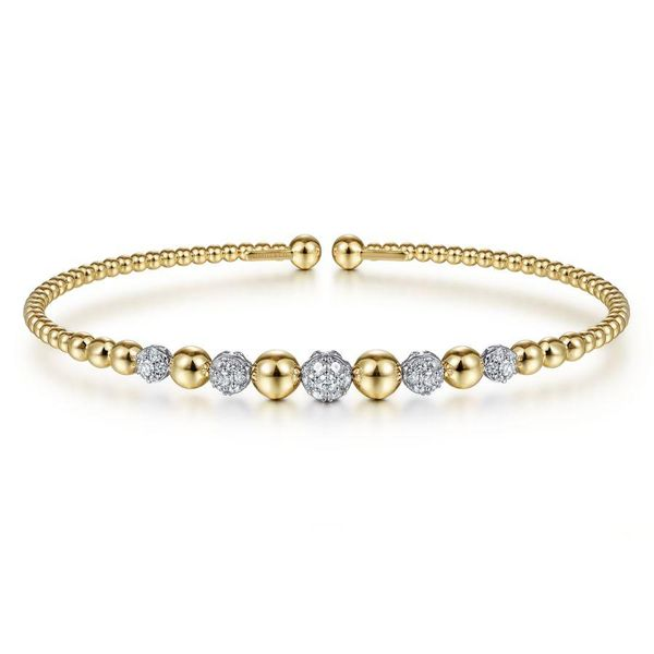 14K Yellow-White Gold Bujukan Bead Cuff Bracelet with Pavé Diamond Stations Gray's Jewelers Bespoke Saint James, NY