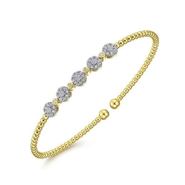 14K Yellow Gold Bujukan Cuff Bracelet with Pavé Diamond Cluster Stations Image 2 Gray's Jewelers Bespoke Saint James, NY