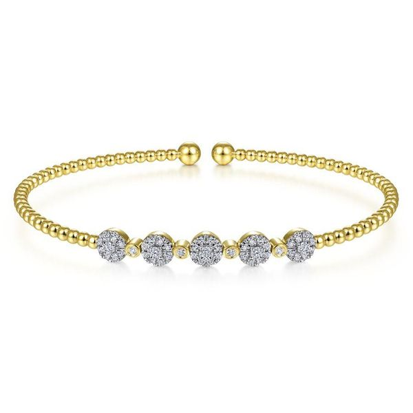 14K Yellow Gold Bujukan Cuff Bracelet with Pavé Diamond Cluster Stations Gray's Jewelers Bespoke Saint James, NY