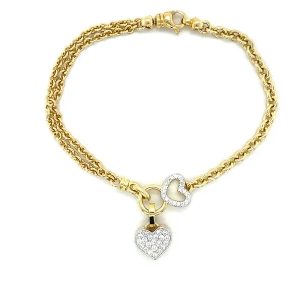 18k Yellow Cable Link Bracelet With Two Tone Diamond Heart Link And Diamond Pave Heart Charm Image 3 Gray's Jewelers Bespoke Saint James, NY