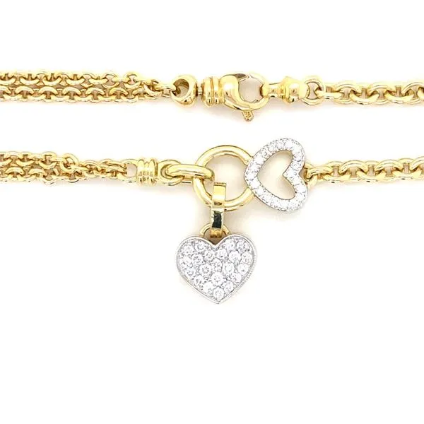 18k Yellow Cable Link Bracelet With Two Tone Diamond Heart Link And Diamond Pave Heart Charm Gray's Jewelers Bespoke Saint James, NY