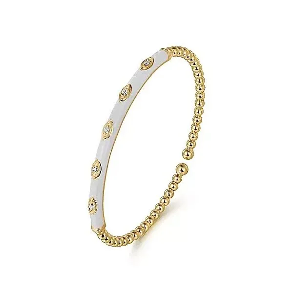 14K Yellow Gold Bujukan Beads and Diamond Split Bangle with White Enamel Image 2 Gray's Jewelers Bespoke Saint James, NY
