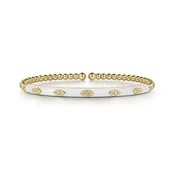14K Yellow Gold Bujukan Beads and Diamond Split Bangle with White Enamel Gray's Jewelers Bespoke Saint James, NY