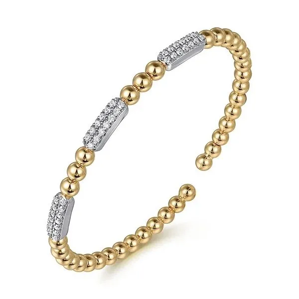 14K White and Yellow Gold Diamond Pave Three Station Bar Bujukan Beads Split Bangle Bracelet Image 2 Gray's Jewelers Bespoke Saint James, NY
