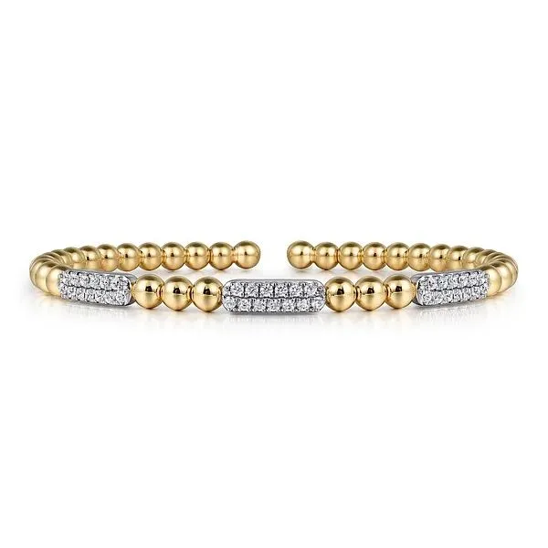 14K White and Yellow Gold Diamond Pave Three Station Bar Bujukan Beads Split Bangle Bracelet Gray's Jewelers Bespoke Saint James, NY