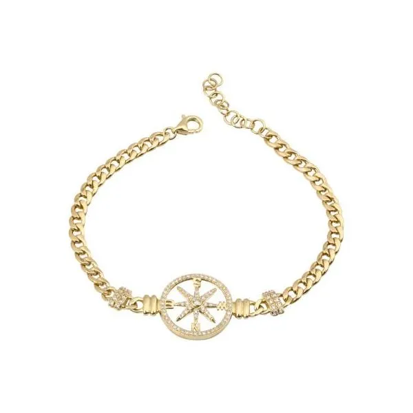 14k Yellow Gold Shell Compass Cuban Link Chain Diamond Bracelet Gray's Jewelers Bespoke Saint James, NY
