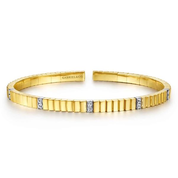 14K Yellow Gold Rectangular Bead Cuff Bracelet with White Gold Pave Diamond Stations Gray's Jewelers Bespoke Saint James, NY