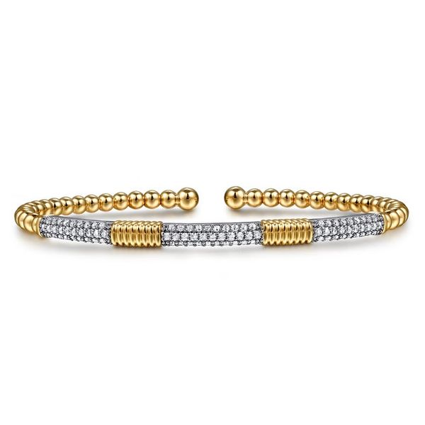 14K White &Yellow Gold Bujukan Beads and Diamond Station Split Bangle Bracelet Gray's Jewelers Bespoke Saint James, NY