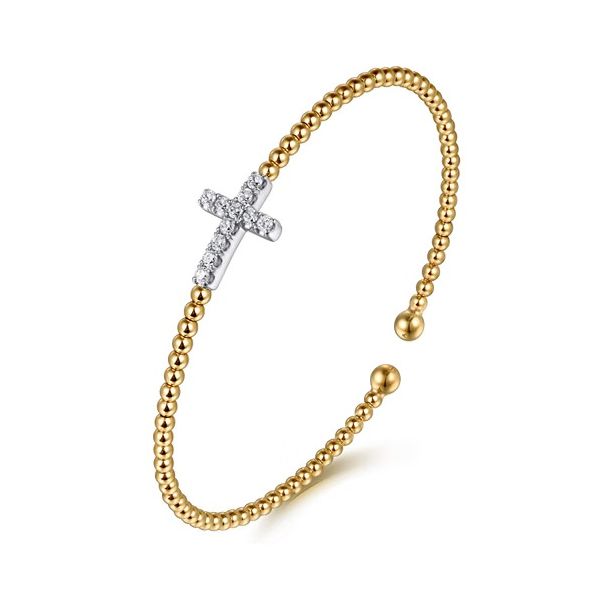 14K White & Yellow Gold Bujukan and Diamond Cross Split Bangle Bracelet Image 2 Gray's Jewelers Bespoke Saint James, NY