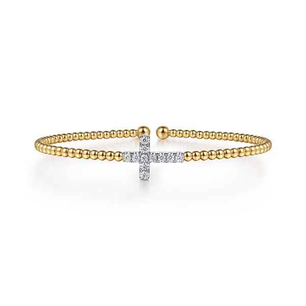 14K White & Yellow Gold Bujukan and Diamond Cross Split Bangle Bracelet Gray's Jewelers Bespoke Saint James, NY
