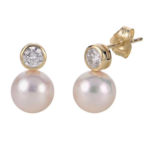 14K Yellow Gold Akoya Culture Pearl and Lab Grown Diamond Earrings Gray's Jewelers Bespoke Saint James, NY