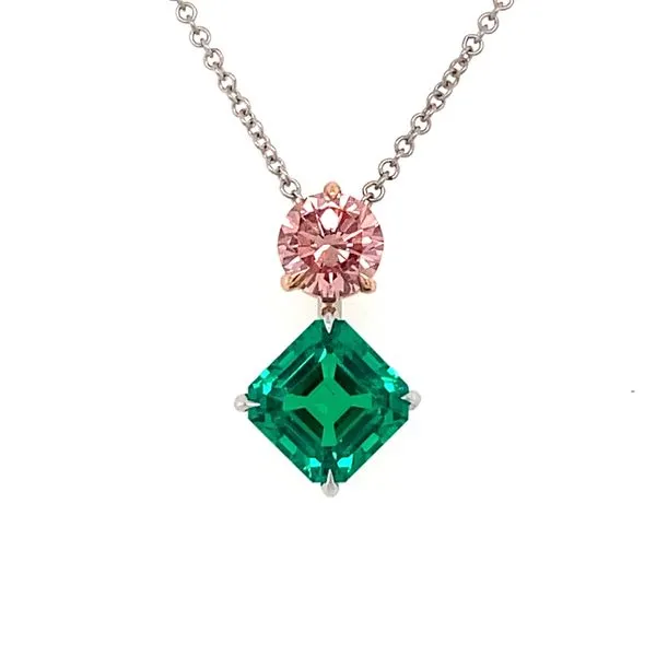 14K White and Rose Gold Lab Grown Pink Diamond and Lab Grown Colombian Emerald Pendant Gray's Jewelers Bespoke Saint James, NY