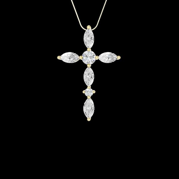 14K Yellow Gold Lab Grown Marquise and Round Lab Grown Diamond Cross Pendant Gray's Jewelers Bespoke Saint James, NY