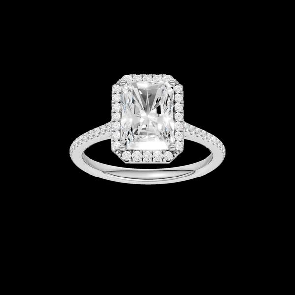 14K White Gold Petite Lab Grown Diamond Radiant Cut Halo Cathedral Engagement Ring Gray's Jewelers Bespoke Saint James, NY