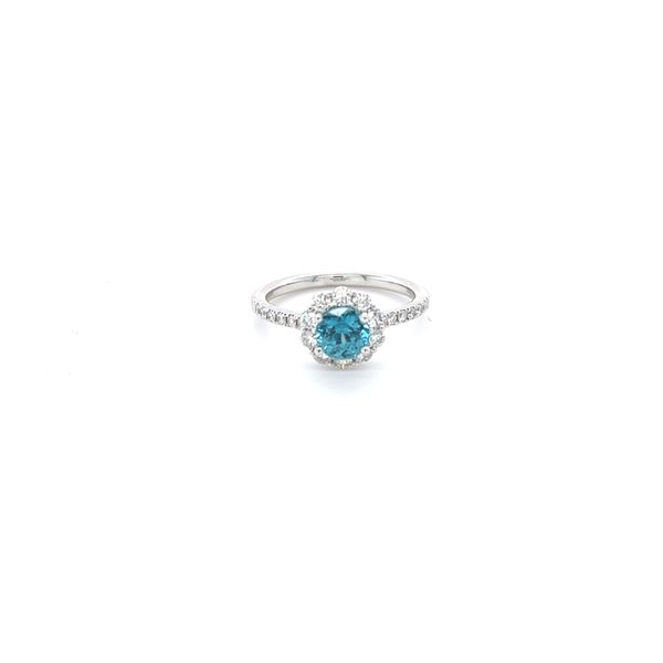 14k White Gold Round Blue Zircon Diamond Halo Ring Gray's Jewelers Bespoke Saint James, NY