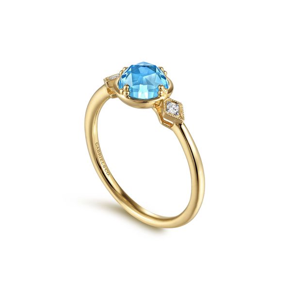 14K Yellow Gold Three Stone Blue Topaz and Diamond Ring- AVAILABLE IN ALL BIRTHSTONE COLORS AND METAL COLORS Image 3 Gray's Jewelers Bespoke Saint James, NY