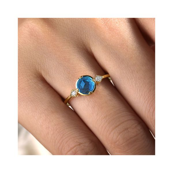 14K Yellow Gold Three Stone Blue Topaz and Diamond Ring- AVAILABLE IN ALL BIRTHSTONE COLORS AND METAL COLORS Image 4 Gray's Jewelers Bespoke Saint James, NY