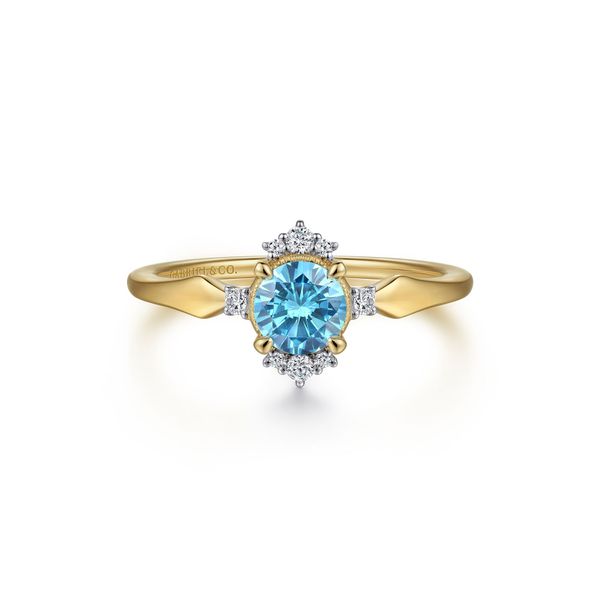14K Yellow Gold Swiss Blue Topaz and Diamond Floral Ring Gray's Jewelers Bespoke Saint James, NY