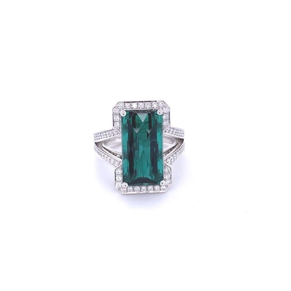 18k White Gold Green Tourmaline and Diamond Milgrain Ring Gray's Jewelers Bespoke Saint James, NY