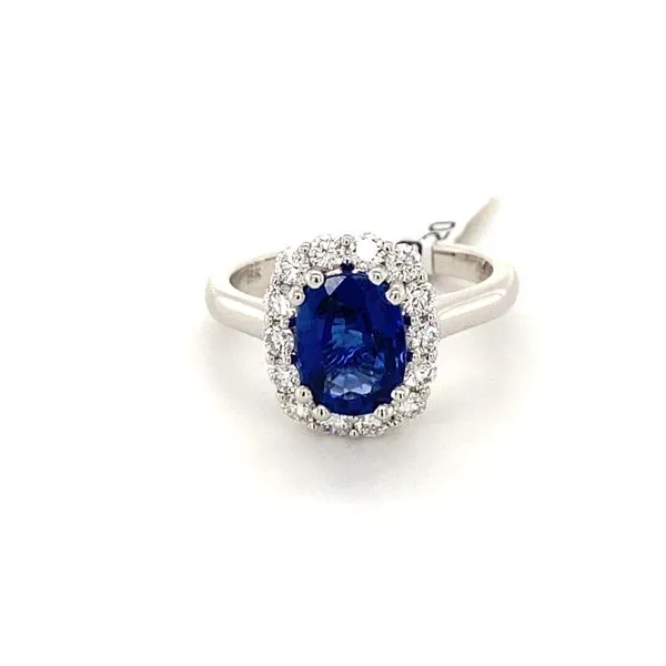 18K White Gold Sapphire and Diamond Halo Ring Gray's Jewelers Bespoke Saint James, NY