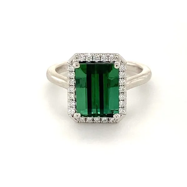 14K White Gold Emerald Cut Green Tourmaline and Fishtail Set Diamond Halo Ring Gray's Jewelers Bespoke Saint James, NY