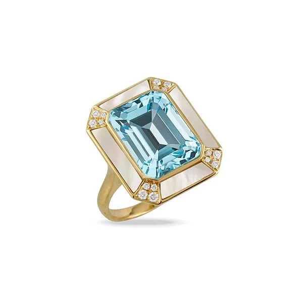 18K Yellow Gold Diamond Ring With White Mother Of Pearl Borders And Light Blue Topaz Center Stone Gray's Jewelers Bespoke Saint James, NY