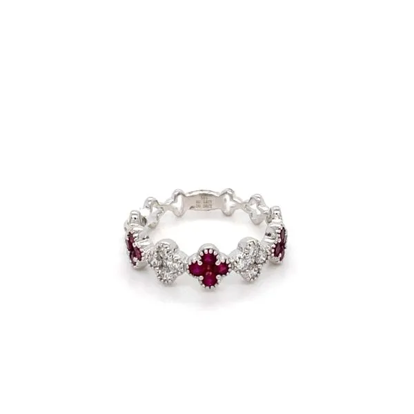 14K White Gold Diamond and Ruby Clover Ring Gray's Jewelers Bespoke Saint James, NY
