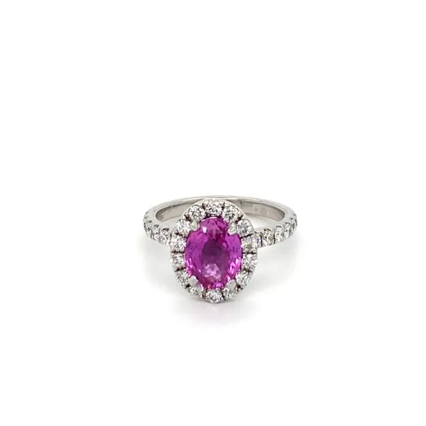 18K White Gold Oval Pink Sapphire with Diamond Halo Ring Gray's Jewelers Bespoke Saint James, NY