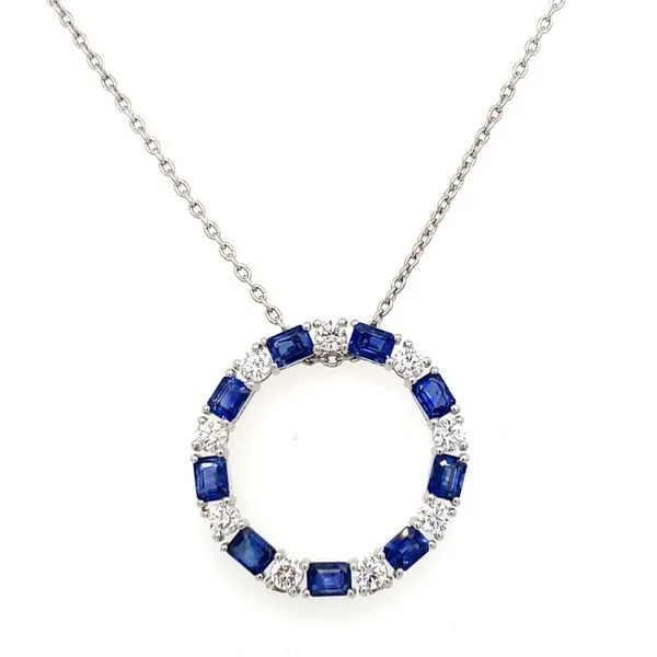 14K White Gold Sapphire and Diamond Circle Necklace Gray's Jewelers Bespoke Saint James, NY