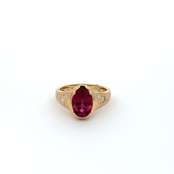 14K Yellow Gold Oval Rhodolite and Burnished Set Diamond Ring Gray's Jewelers Bespoke Saint James, NY