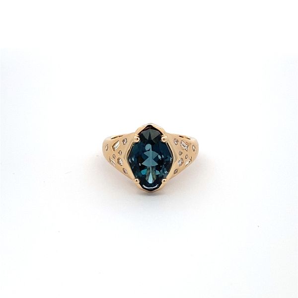 14K Yellow Gold London Blue Topaz and  Burnished Set Diamond Ring Gray's Jewelers Bespoke Saint James, NY