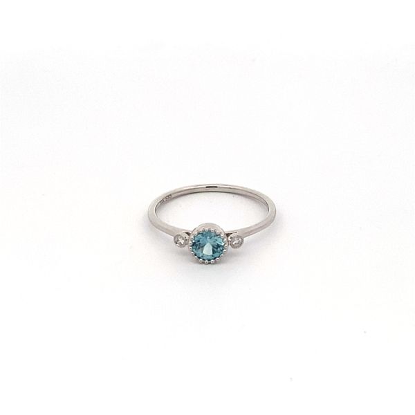14K White Gold Blue Zircon with Milgrain and Diamond Ring Gray's Jewelers Bespoke Saint James, NY