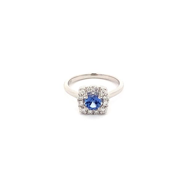 14K White Gold Sapphire and Diamond Halo Ring Gray's Jewelers Bespoke Saint James, NY