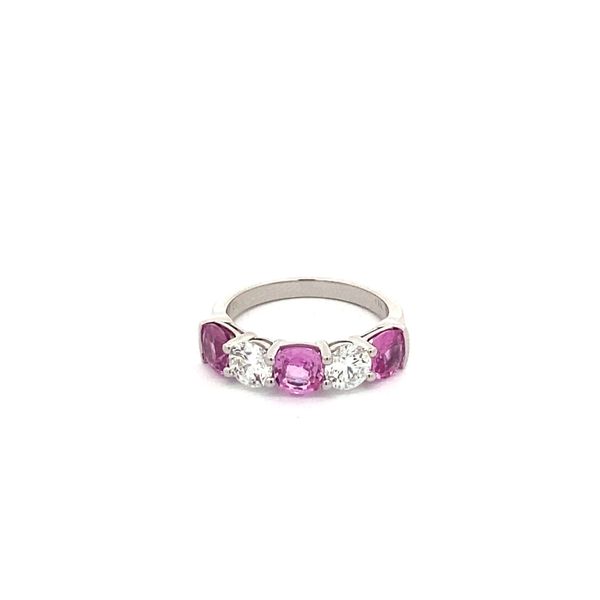 18K White Gold Diamond and Cushion Cut Pink Sapphire Band Gray's Jewelers Bespoke Saint James, NY
